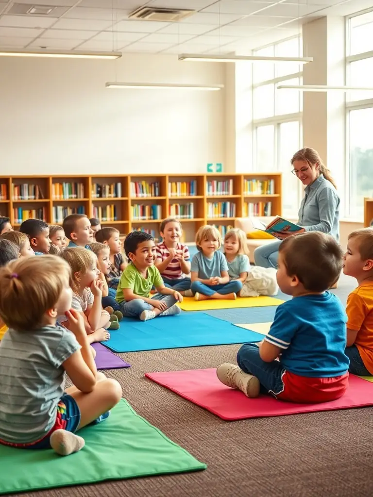 A photograph capturing a collaborative event between the library and a local school, showing children engaged in a reading activity led by library staff and teachers.
