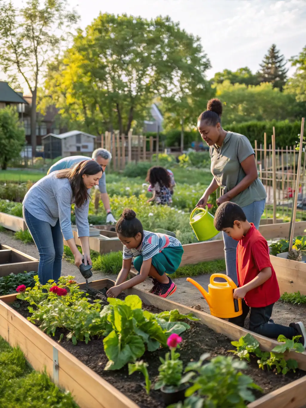 A photo of a community garden project, showing library members and local residents planting vegetables and flowers together.