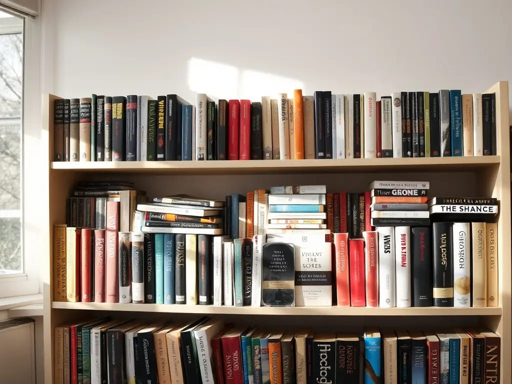 A photograph of a diverse selection of books on a library shelf, with a focus on different genres and age groups, highlighting the breadth of the library's collection.