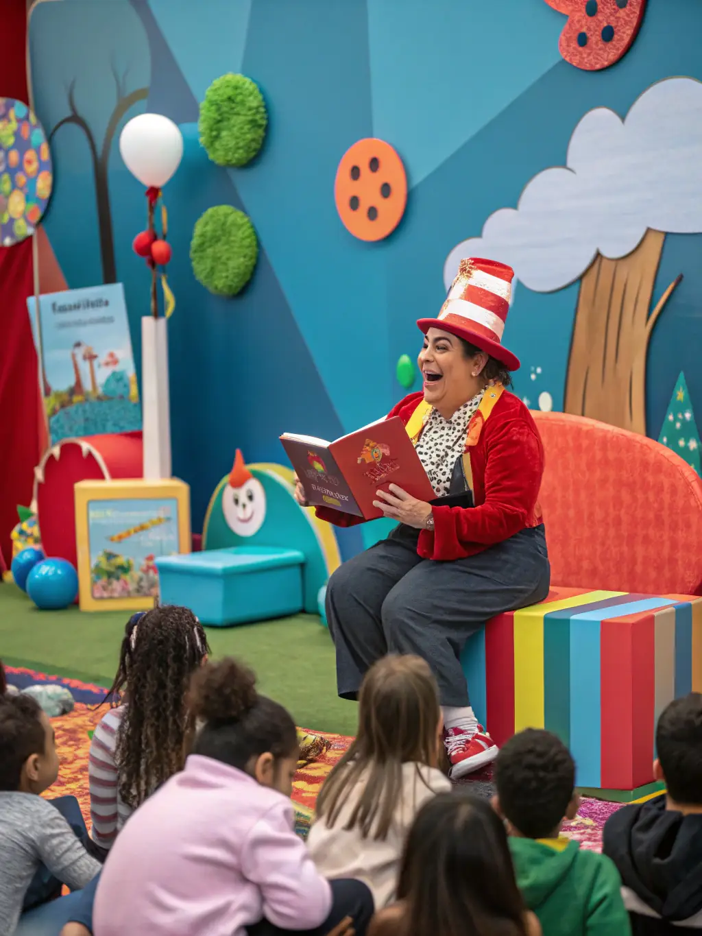 A lively scene of a storytelling session with children and a storyteller in the library's event space.