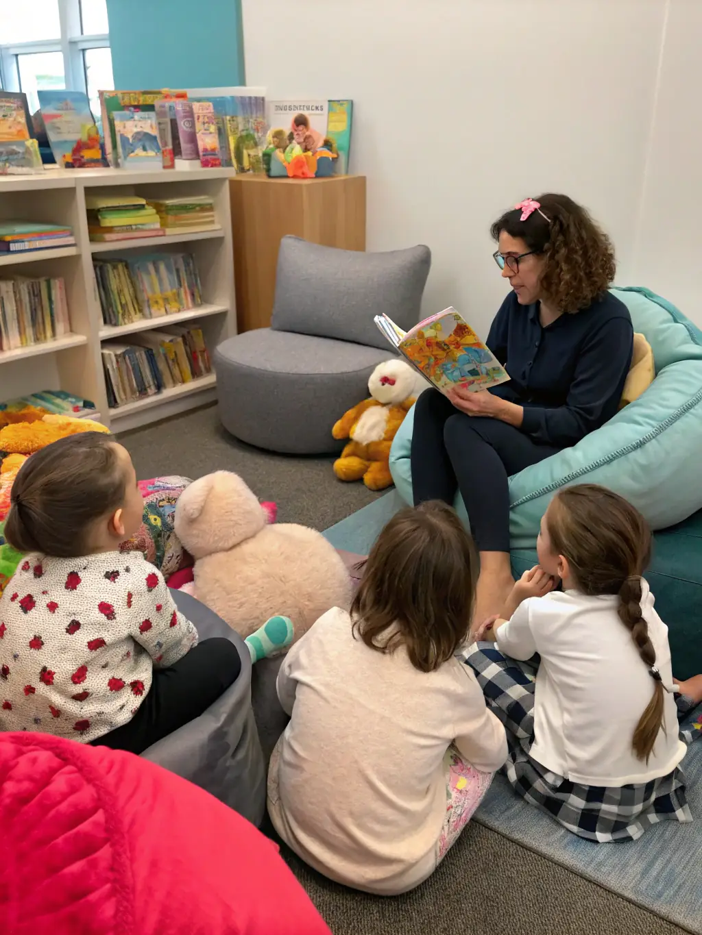 An image of children and adults engaged in reading activities in a cozy library setting, highlighting inclusivity and learning.