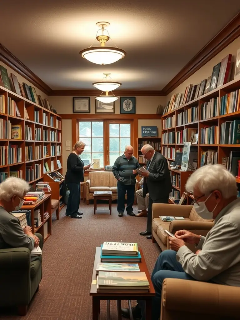 A picture of senior citizens attending a book club meeting at the library, discussing a novel and enjoying each other's company.