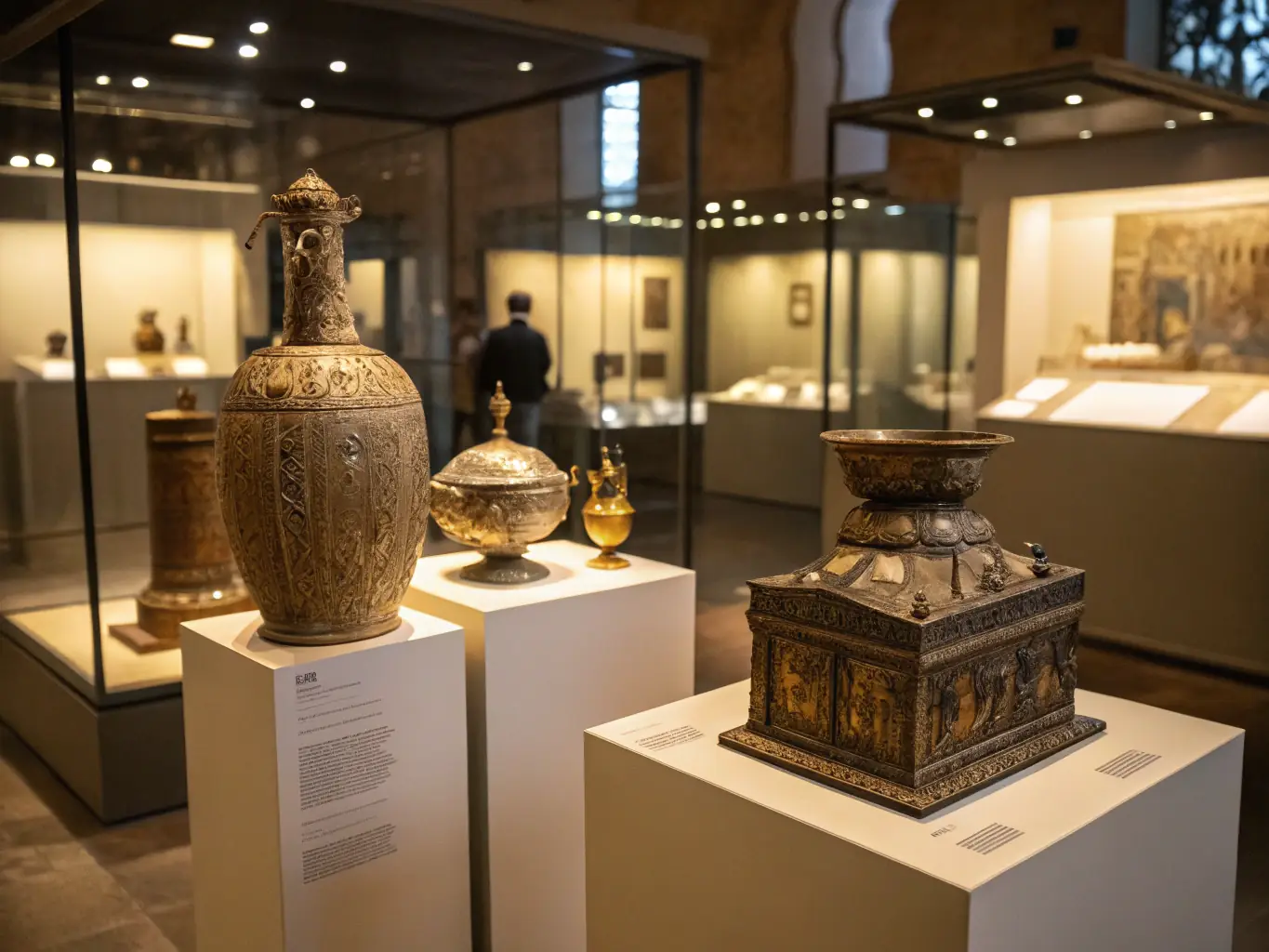 A close-up shot of historical documents and artifacts displayed in a glass case, representing the library's special collections.