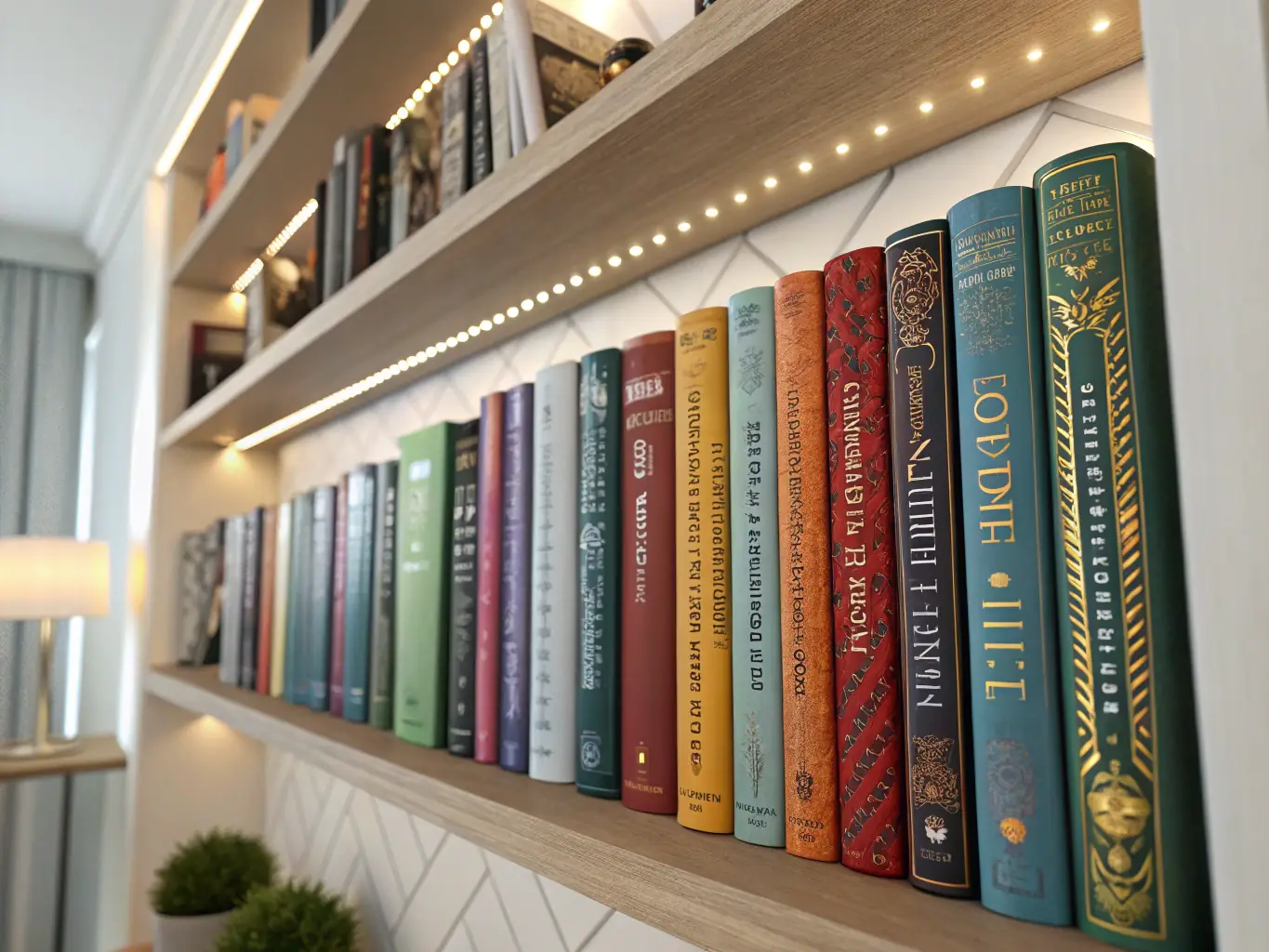 A well-lit library shelf filled with a variety of books, showcasing different genres and authors, with a focus on the diversity of the collection.